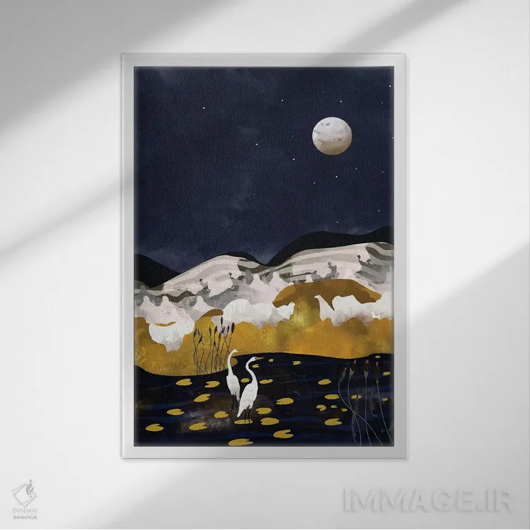 تابلو مدرن دریاچه نیمه شب اثر ۸۳ پرتقال - نمای قابدار سفید