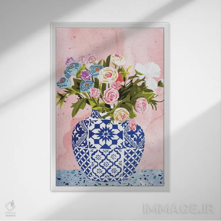 تابلو دکوراتیو گلدان سرامیکی اثر ۸۳ پرتقال - نمای قابدار سفید