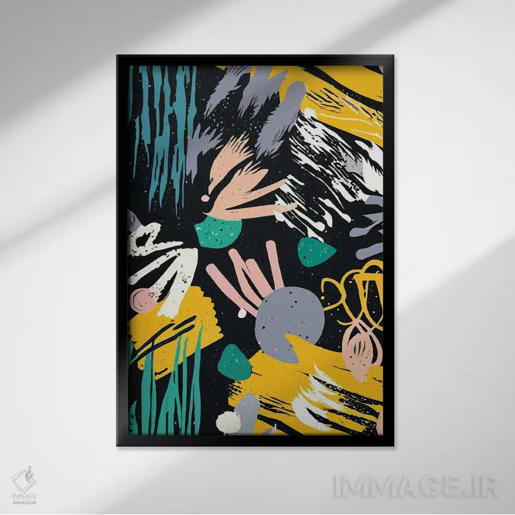 تابلو انتزاعی ادیسه فضایی، سفر انتزاعی اثر ۸۳ پرتقال - نمای قابدار مشکی