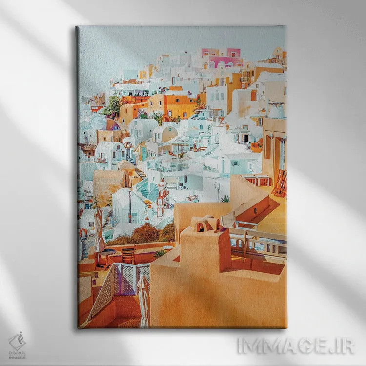 تابلو دکوراتیو تعطیلات سانتورینی اثر ۸۳ پرتقال - نمای روبهرو روی دیوار