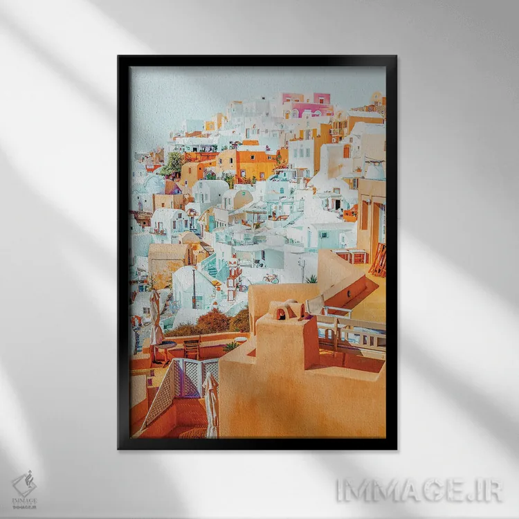 تابلو دکوراتیو تعطیلات سانتورینی اثر ۸۳ پرتقال - نمای قابدار مشکی