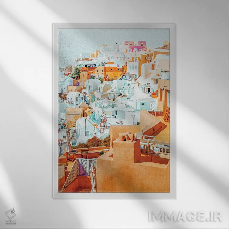 تابلو دکوراتیو تعطیلات سانتورینی اثر ۸۳ پرتقال - نمای قابدار سفید