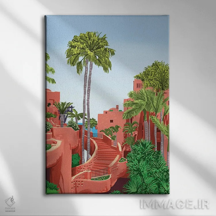 تابلو دکوراتیو معماری گرمسیری، مکان های عجیب مکزیک، تصویرسازی ساختمان، نقاشی… اثر ۸۳ پرتقال - نمای روبهرو روی دیوار