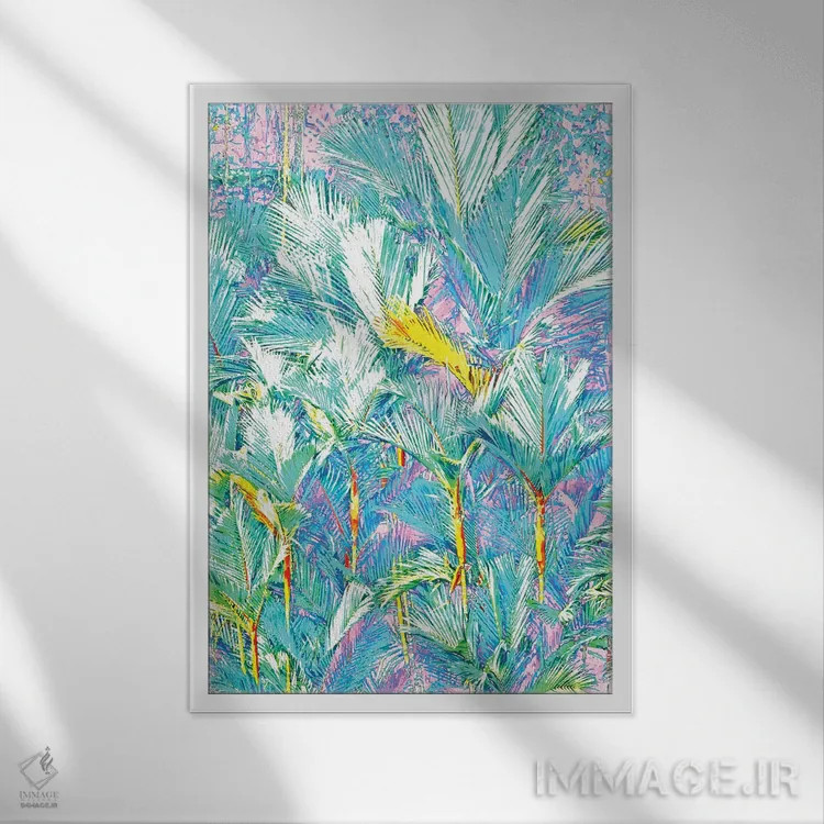 تابلو انتزاعی باغ نخل، نقاشی طبیعت گرمسیری جنگلی، بوهمی، جنگل پاستلی و پیچید… اثر ۸۳ پرتقال - نمای قابدار سفید