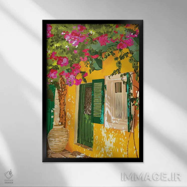 تابلو دکوراتیو زندگی در آفتاب، همیشه؛ سفر، تابستان، معماری آفتابی یونان و اس… اثر ۸۳ پرتقال - نمای قابدار مشکی