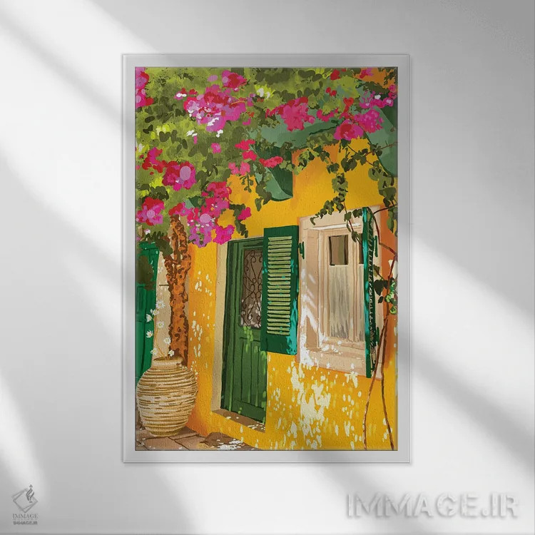 تابلو دکوراتیو زندگی در آفتاب، همیشه؛ سفر، تابستان، معماری آفتابی یونان و اس… اثر ۸۳ پرتقال - نمای قابدار سفید