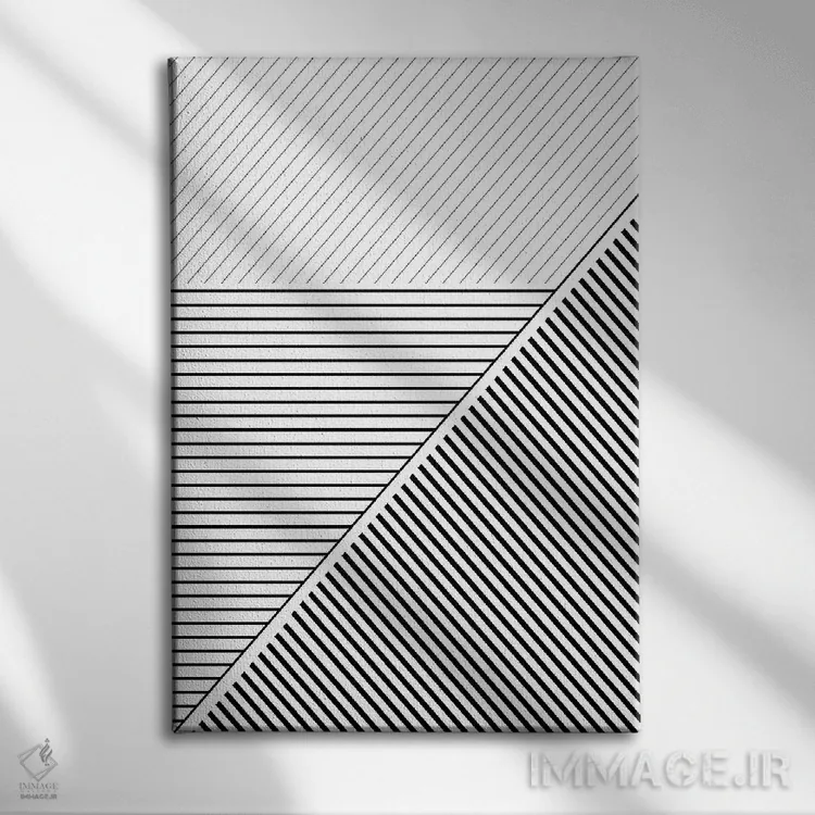 تابلو انتزاعی خطوط هندسی سیاه و سفید ۲ اثر اوربان اپیفانی - نمای روبهرو روی دیوار