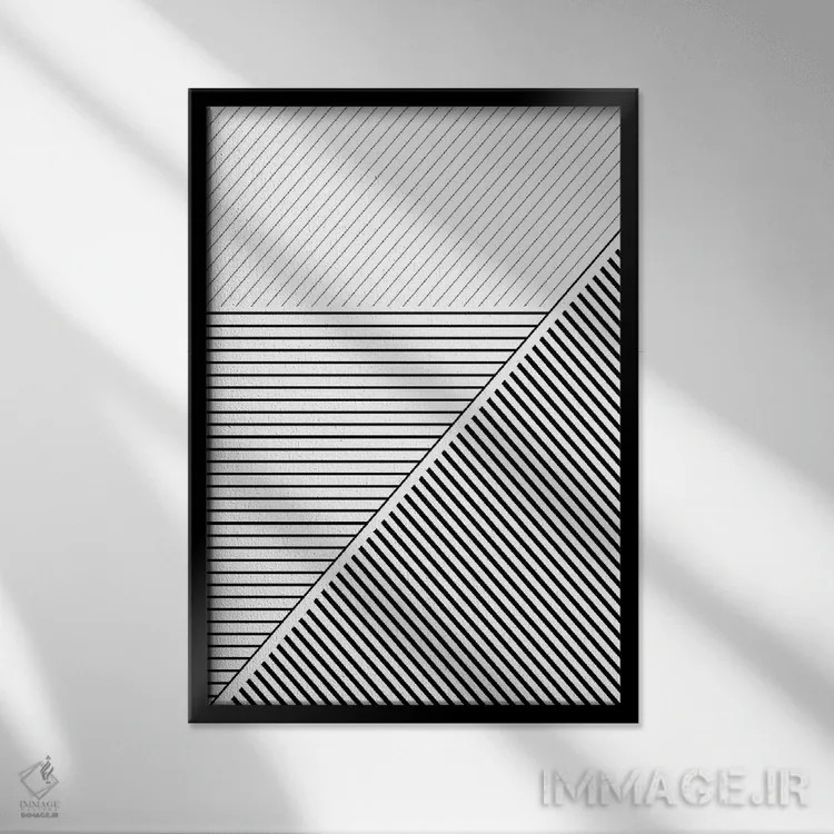 تابلو انتزاعی خطوط هندسی سیاه و سفید ۲ اثر اوربان اپیفانی - نمای قابدار مشکی
