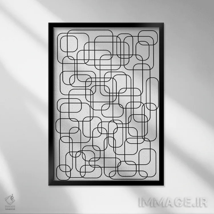 تابلو انتزاعی دهه هفتاد میلادی اثر دیزاینرهای همیشگی - نمای قابدار مشکی
