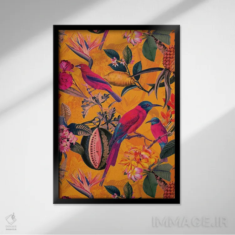 تابلو دکوراتیو جنگل پرندگان گرمسیری قدیمی اثر آرت - نمای قابدار مشکی