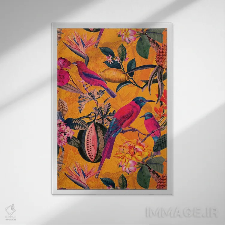 تابلو دکوراتیو جنگل پرندگان گرمسیری قدیمی اثر آرت - نمای قابدار سفید