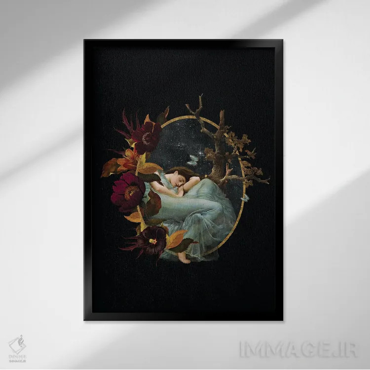 تابلو دکوراتیو دختر خوابیده قدیمی در کهکشان اثر آرت - نمای قابدار مشکی