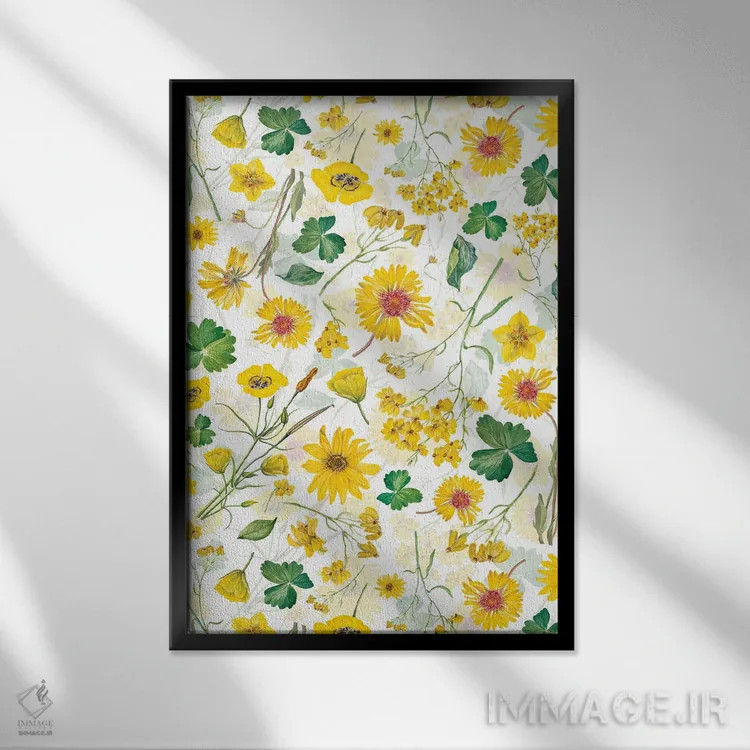 تابلو مینیمال چمنزار گل های وحشی زرد اسکانباوراویایی مخصوص نیمه تابستان اثر آرت - نمای قابدار مشکی