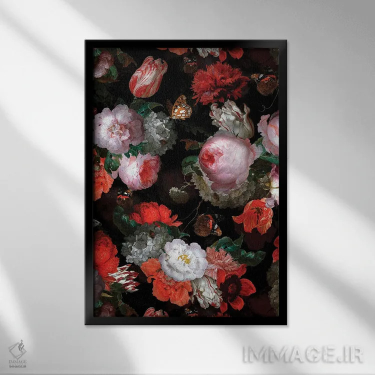 تابلو مدرن باغ گیاهی گل های سرسبز اثر قدیمی Jan Davidsz. De Heem - نمای قابدار مشکی