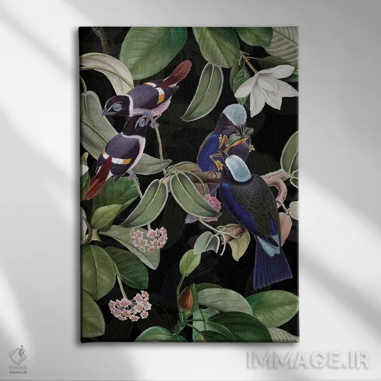 تابلو دکوراتیو باغ شبانه پرندگان آبی عجیب و گل های ماگنولیای استوایی اثر آرت - نمای روبهرو روی دیوار