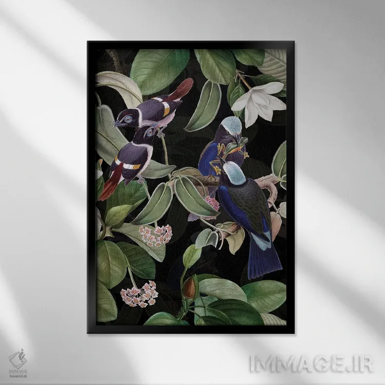 تابلو دکوراتیو باغ شبانه پرندگان آبی عجیب و گل های ماگنولیای استوایی اثر آرت - نمای قابدار مشکی