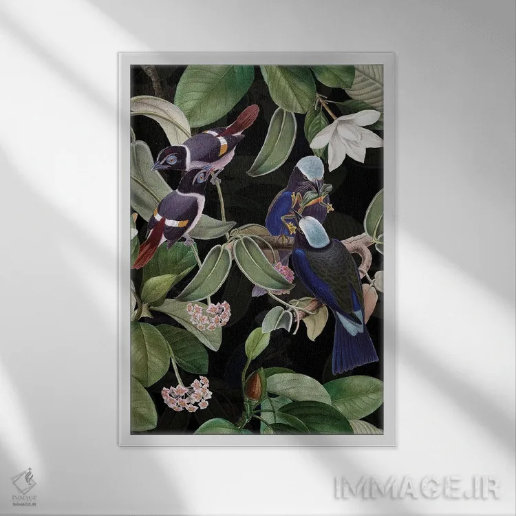 تابلو دکوراتیو باغ شبانه پرندگان آبی عجیب و گل های ماگنولیای استوایی اثر آرت - نمای قابدار سفید
