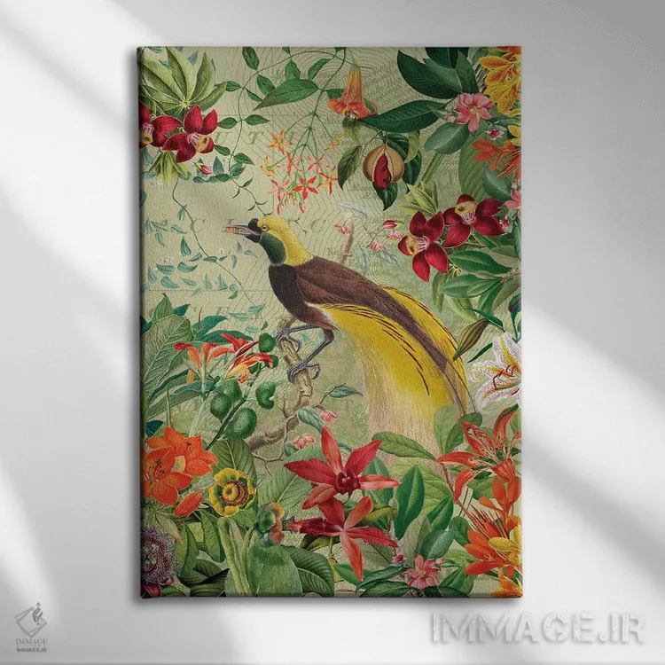 تابلو دکوراتیو پرنده بهشتی قدیمی در جنگل استوایی اثر آرت - نمای روبهرو روی دیوار