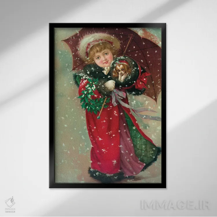 تابلو دکوراتیو دختر بچه و سگ در برف اثر کلکسیون اپل وینتج - نمای قابدار مشکی