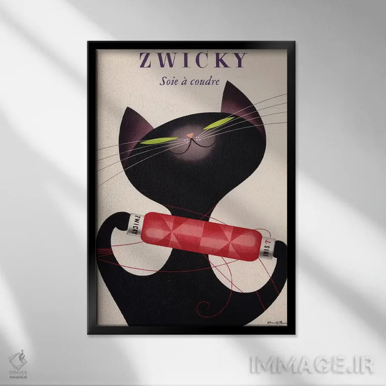 تابلو دکوراتیو زویکی، گربه سیاه و بطری قرمز اثر کلکسیون اپل وینتج - نمای قابدار مشکی