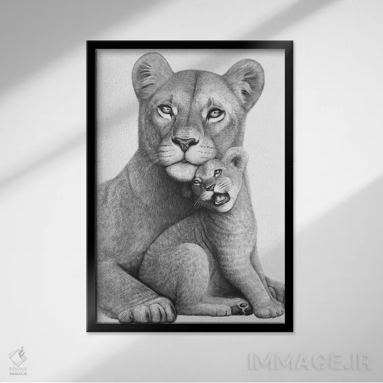 تابلو دکوراتیو شیر ماده با توله اش اثر والریا کورنکوا - نمای قابدار مشکی