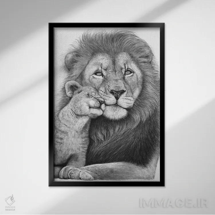تابلو دکوراتیو شیر با توله اش اثر والریا کورنکوا - نمای قابدار مشکی