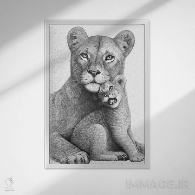 تابلو دکوراتیو شیر ماده با توله اش اثر والریا کورنکوا - نمای قابدار سفید