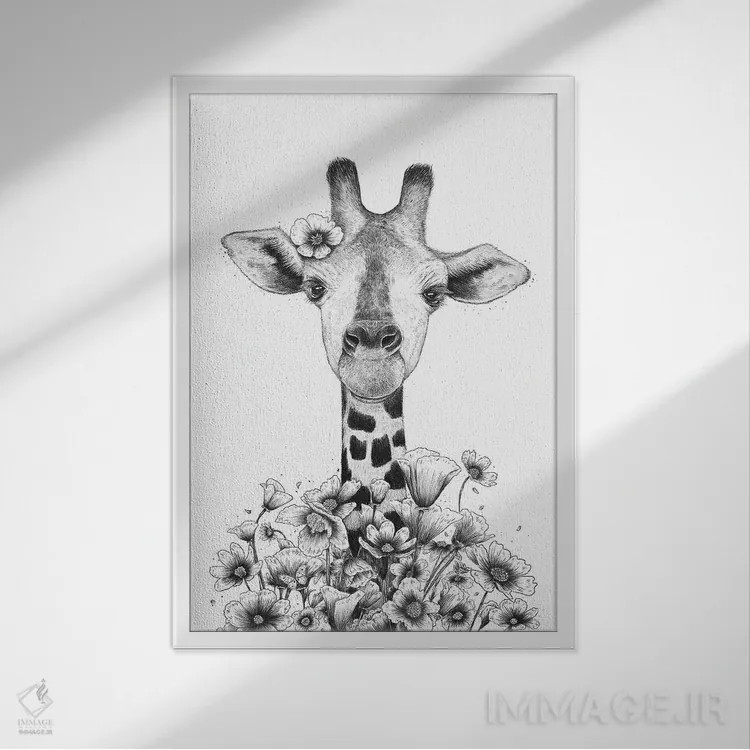 تابلو دکوراتیو زرافه در میان گل ها اثر والریا کورنکوا - نمای قابدار سفید