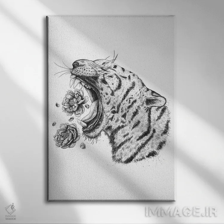 تابلو دکوراتیو ببر با گل صدتومانی اثر والریا کورنکوا - نمای روبهرو روی دیوار
