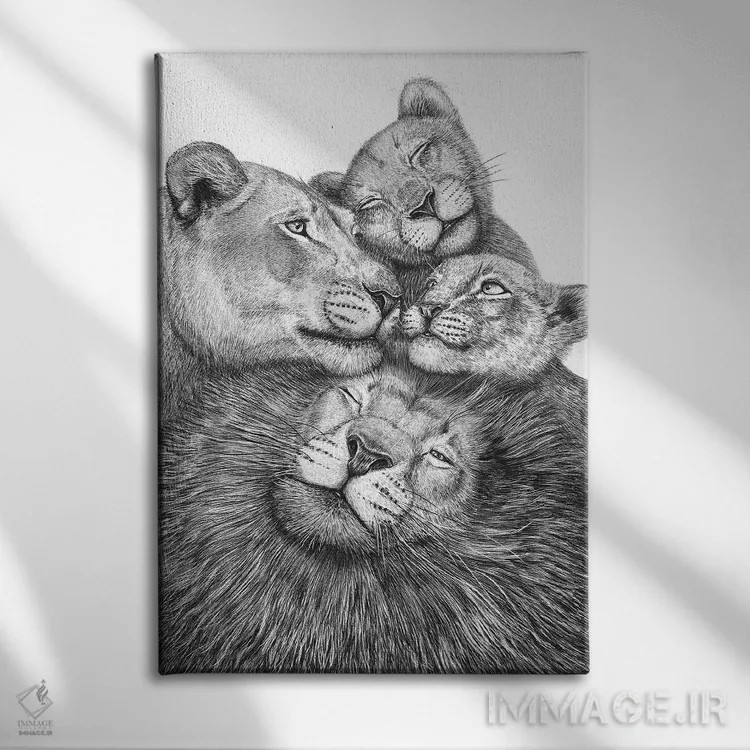 تابلو دکوراتیو خانواده شیرها اثر والریا کورنکوا - نمای روبهرو روی دیوار