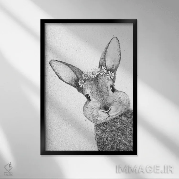 تابلو دکوراتیو خرگوش با گل بابونه اثر والریا کورنکوا - نمای قابدار مشکی