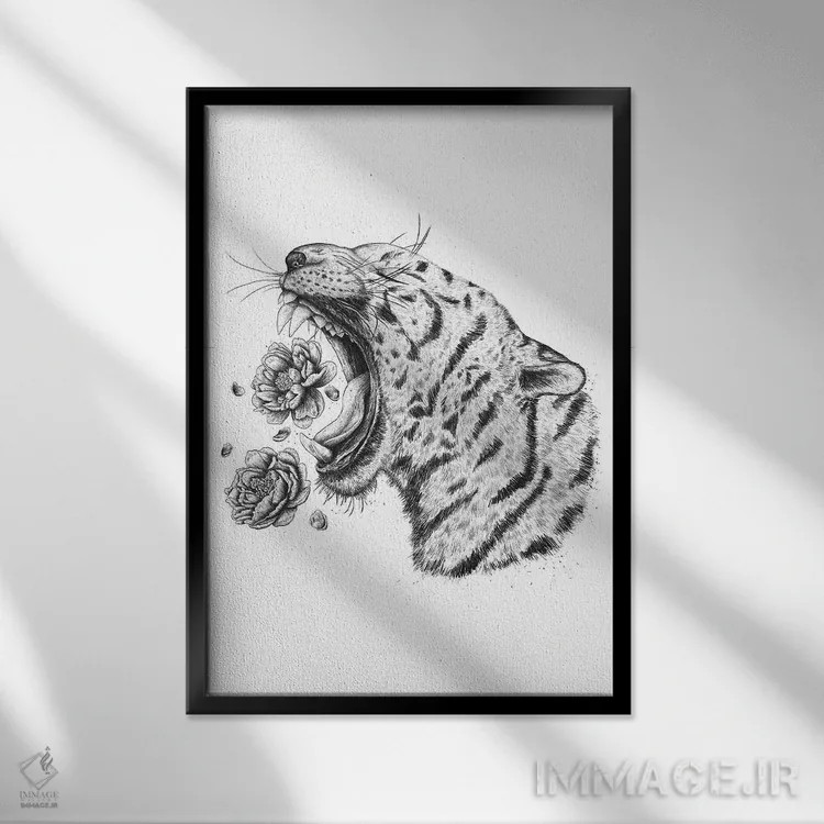 تابلو دکوراتیو ببر با گل صدتومانی اثر والریا کورنکوا - نمای قابدار مشکی
