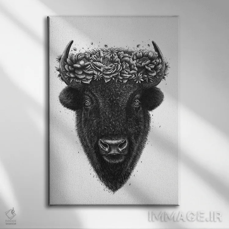 تابلو دکوراتیو بایسون با تاج گل اثر والریا کورنکوا - نمای روبهرو روی دیوار