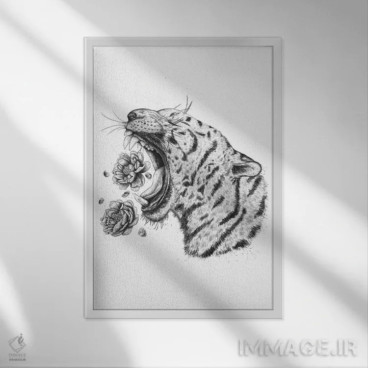 تابلو دکوراتیو ببر با گل صدتومانی اثر والریا کورنکوا - نمای قابدار سفید