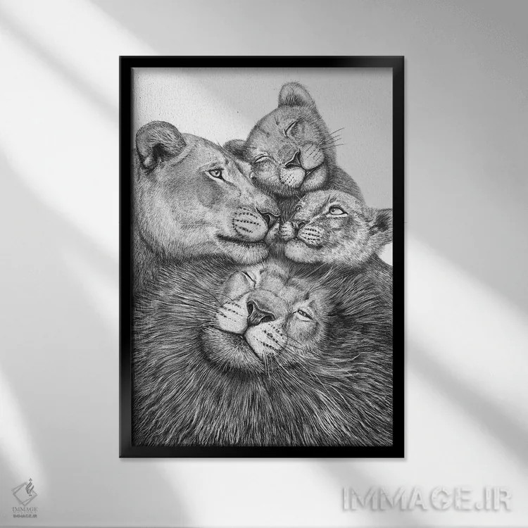 تابلو دکوراتیو خانواده شیرها اثر والریا کورنکوا - نمای قابدار مشکی