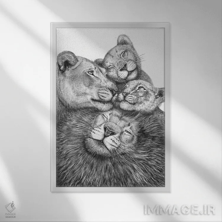 تابلو دکوراتیو خانواده شیرها اثر والریا کورنکوا - نمای قابدار سفید