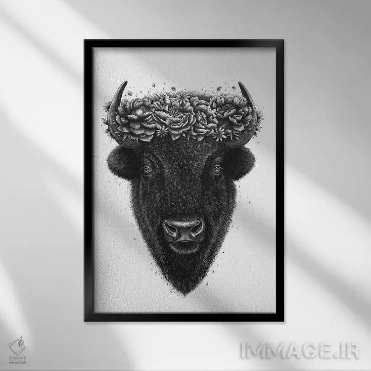 تابلو دکوراتیو بایسون با تاج گل اثر والریا کورنکوا - نمای قابدار مشکی