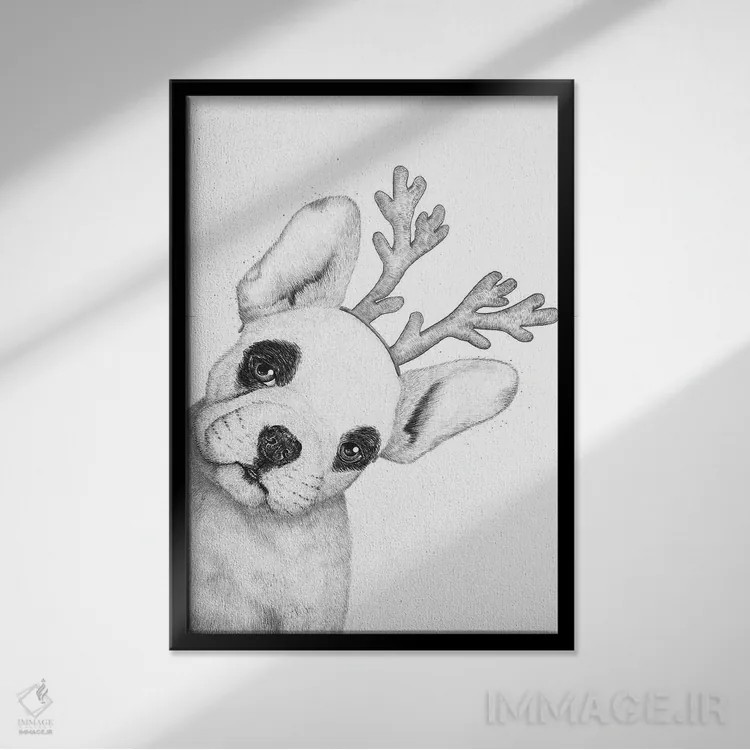 تابلو دکوراتیو بولداگ فرانسوی کریسمسی اثر والریا کورنکوا - نمای قابدار مشکی