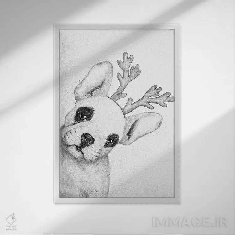 تابلو دکوراتیو بولداگ فرانسوی کریسمسی اثر والریا کورنکوا - نمای قابدار سفید