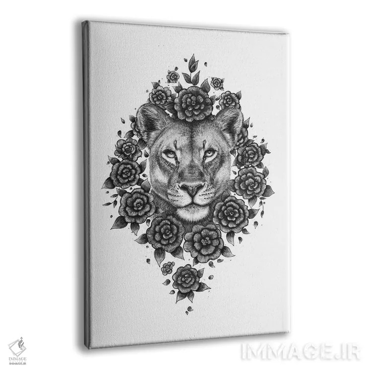 تابلو دکوراتیو شیر ماده در میان گل ها اثر والریا کورنکوا - نمای پرسپکتیو محصول