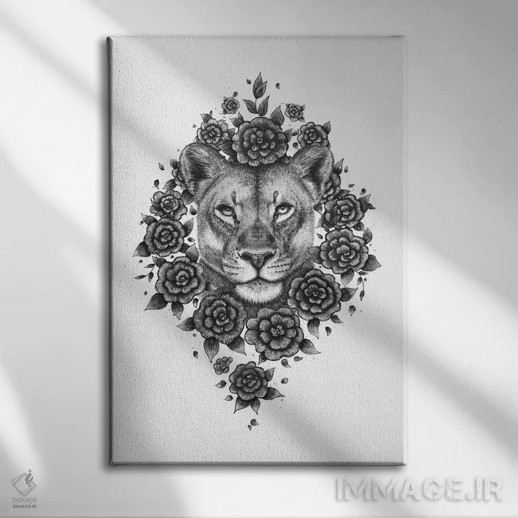 تابلو دکوراتیو شیر ماده در میان گل ها اثر والریا کورنکوا - نمای روبهرو روی دیوار