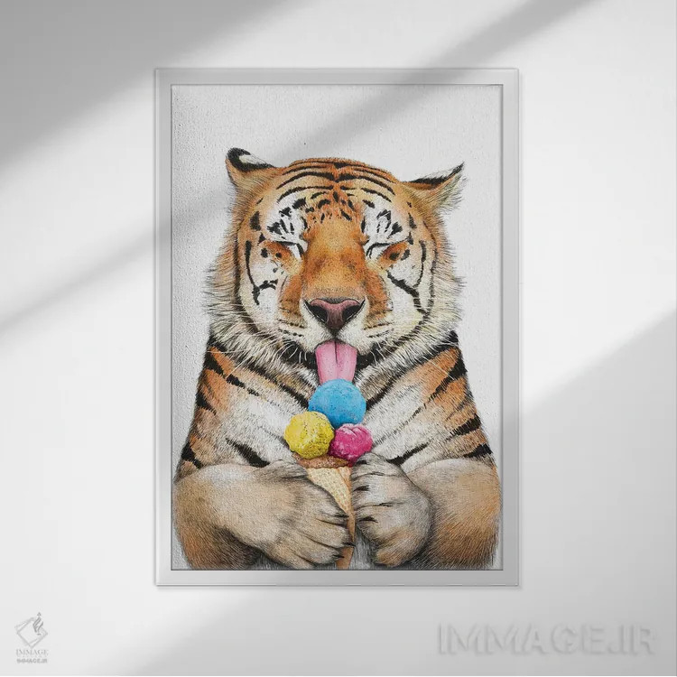 تابلو دکوراتیو ببر با بستنی اثر والریا کورنکوا - نمای قابدار سفید