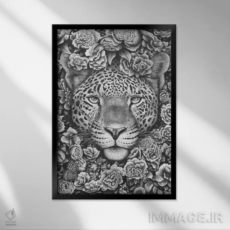 تابلو دکوراتیو جگوار در میان گل ها اثر والریا کورنکوا - نمای قابدار مشکی