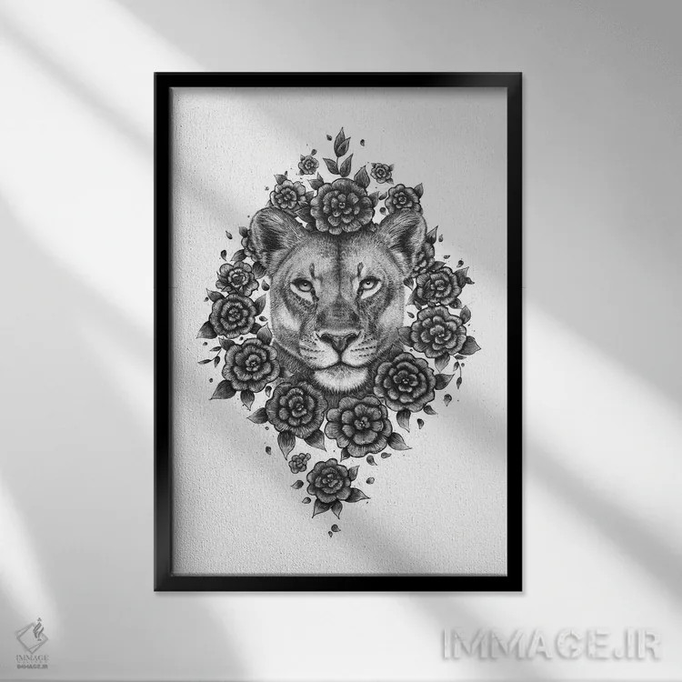 تابلو دکوراتیو شیر ماده در میان گل ها اثر والریا کورنکوا - نمای قابدار مشکی