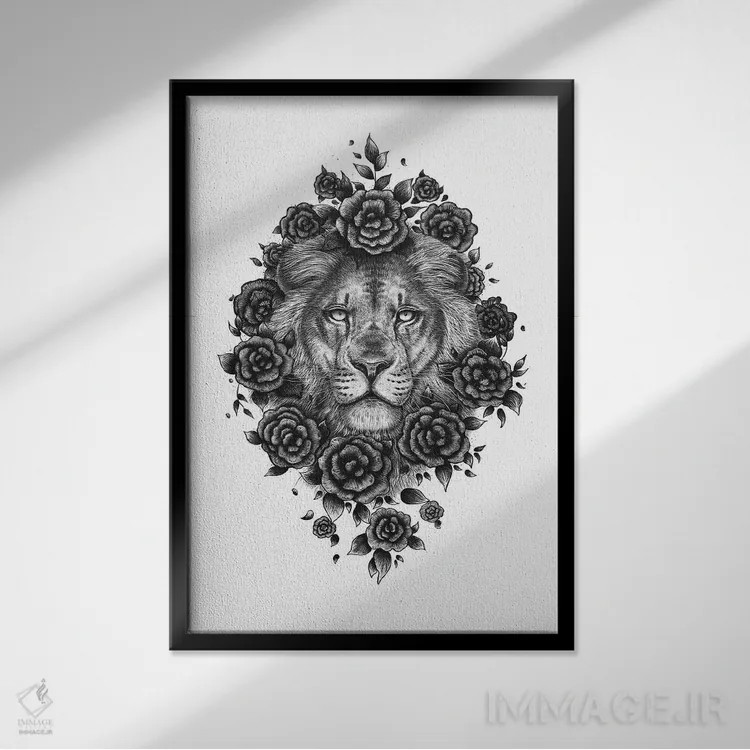 تابلو دکوراتیو شیر در میان گل ها اثر والریا کورنکوا - نمای قابدار مشکی