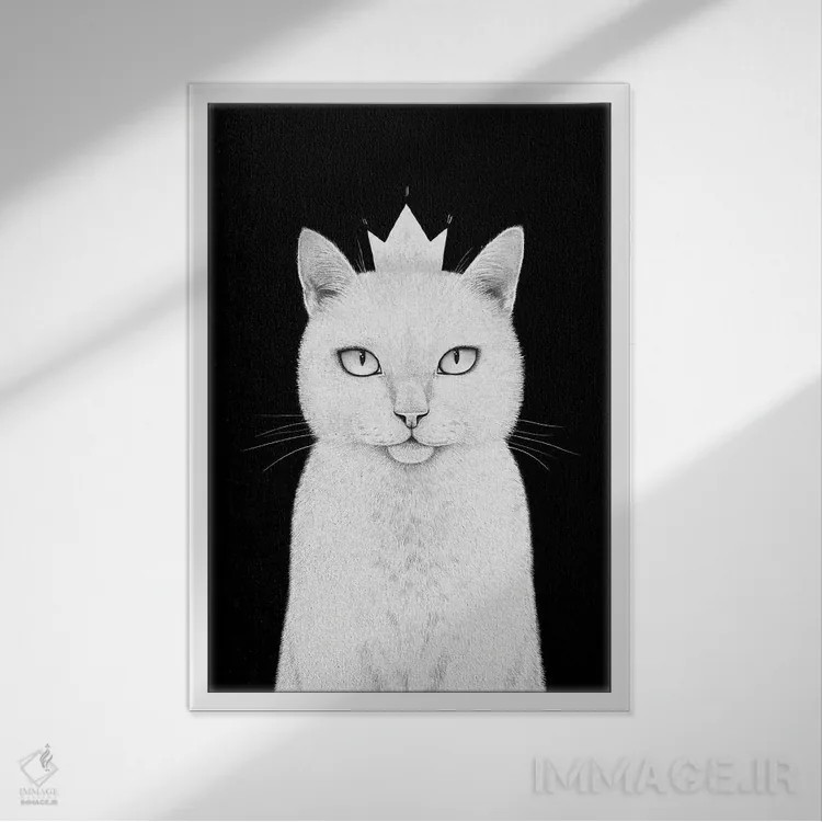 تابلو دکوراتیو گربه ملکه اثر والریا کورنکوا - نمای قابدار سفید