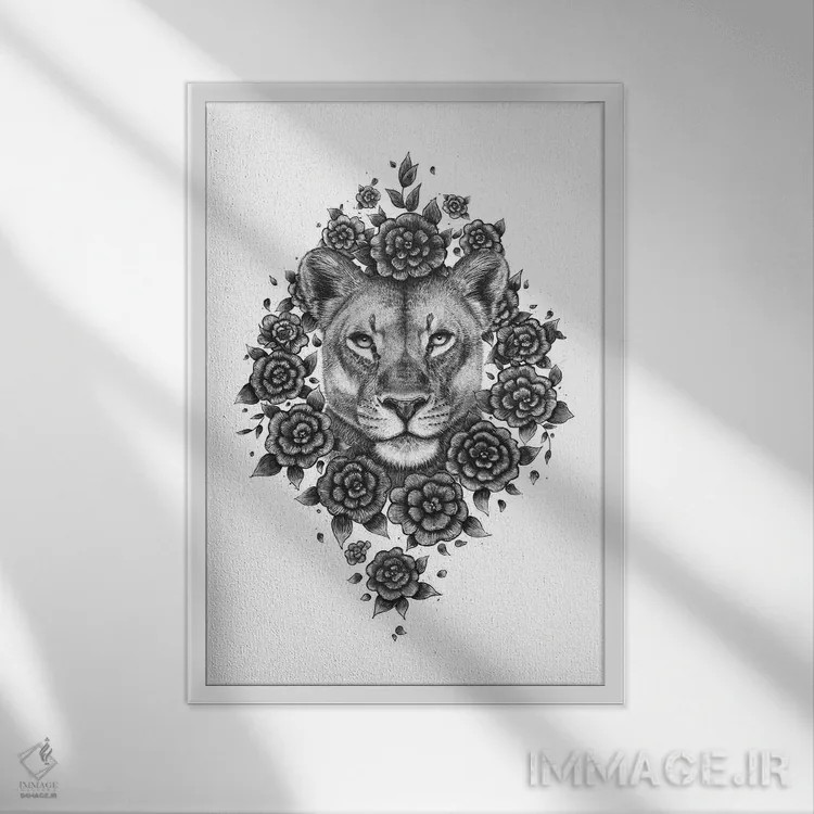 تابلو دکوراتیو شیر ماده در میان گل ها اثر والریا کورنکوا - نمای قابدار سفید