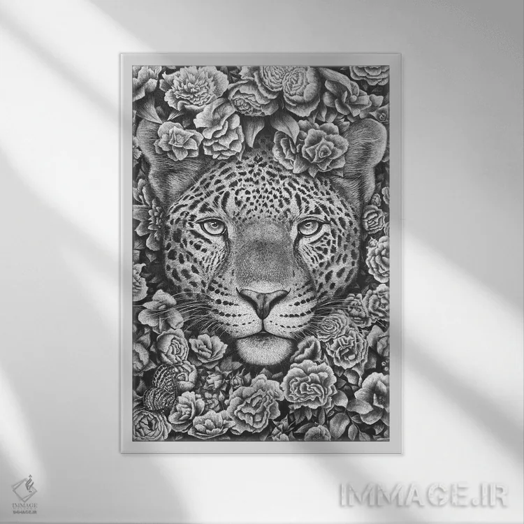 تابلو دکوراتیو جگوار در میان گل ها اثر والریا کورنکوا - نمای قابدار سفید