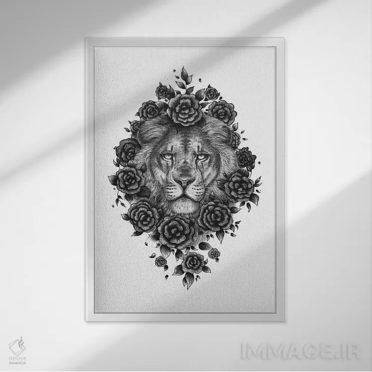 تابلو دکوراتیو شیر در میان گل ها اثر والریا کورنکوا - نمای قابدار سفید