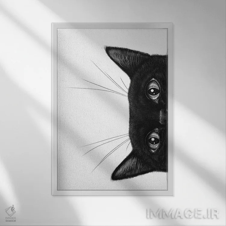 تابلو مینیمال گربه سیاه II اثر والریا کورنکوا - نمای قابدار سفید